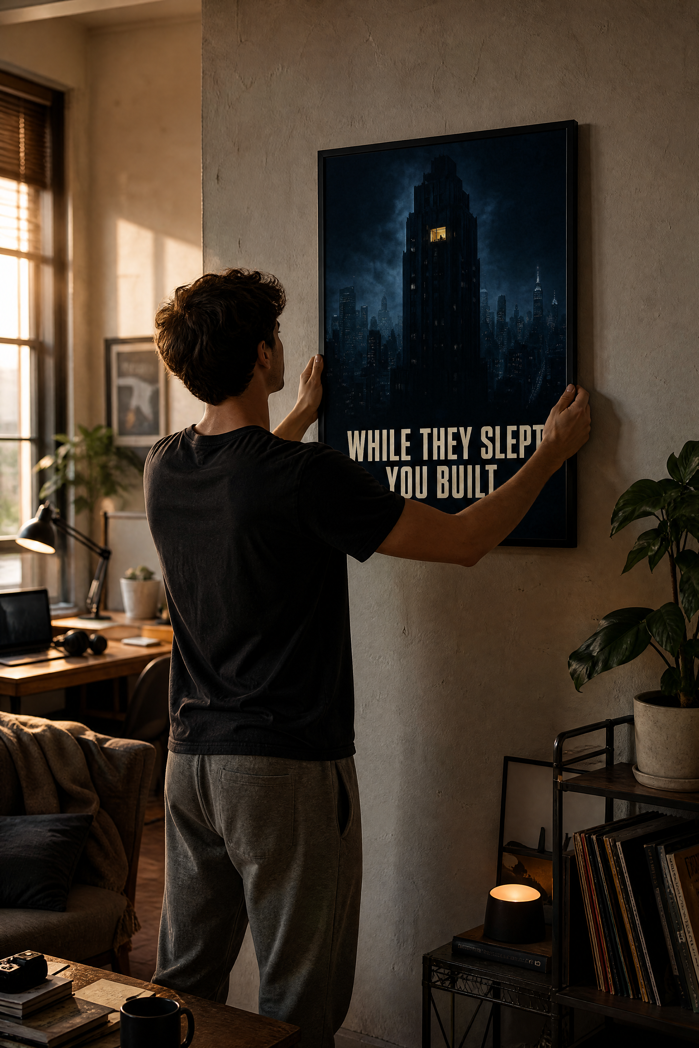 Motivational Poster — "While They Slept You Built" Night City Skyline